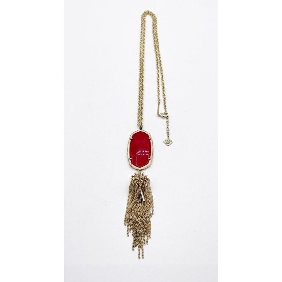 Kendra Scott Rayne Long Tassel Pendant Necklace In Gold Tone Red Stone - Picture 3 of 4